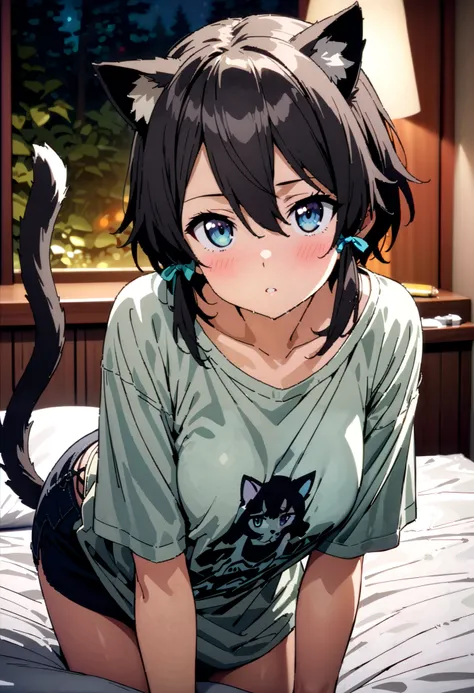 shino asada, 's hair,  short hair , light blue side lock,Medium breast, light blue eyes, light blue hair with a slender body,Cat ears,Cat tail, glass,  Hair Ribbon ,oversized t-shirt, Long Sleeve,Black string underwear ,blush, beautiful night view with dep...