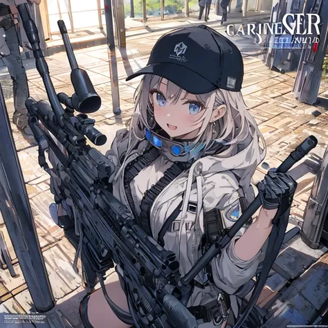 (best quality ), a girl have one rifle with her hand , Platinum color hair , The dreamer wants purplish blue eyes , medium , Lori will do it, (masterpiece:1.2, best quality ), (Beautiful detailed depiction : 1.2), ( beautiful detailed face ), ( small Breas...