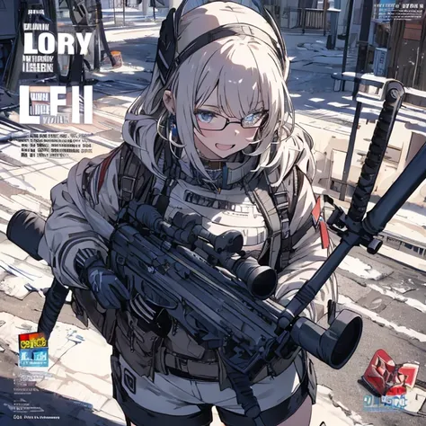 (best quality ), a girl have one rifle with her hand , Platinum color hair , The dreamer wants purplish blue eyes , medium , Lori will do it, (masterpiece:1.2, best quality ), (Beautiful detailed depiction : 1.2), ( beautiful detailed face ), ( small Breas...