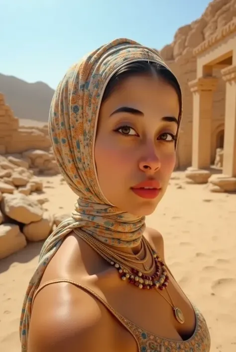 beautiful Egyptian woman, 1girl, beautiful detailed eyes, beautiful detailed lips, extremely detailed eyes and face, long eyelashes, intricate headdress, ornate jewelry, flowing robe, desert landscape, ancient ruins, dramatic lighting, vibrant colors, cine...