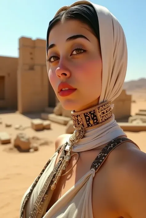 beautiful Egyptian woman, 1girl, beautiful detailed eyes, beautiful detailed lips, extremely detailed eyes and face, long eyelashes, intricate headdress, ornate jewelry, flowing robe, desert landscape, ancient ruins, dramatic lighting, vibrant colors, cine...