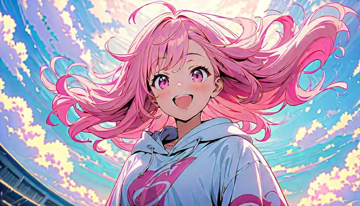 (masterpiece, Highest quality, Official Art:1.2), 
Looking at the audience, One Girl, alone, 
(pink long hair, layered hair) and (pink eyes), hoodie,
happy, floating above the clouds, 
flat illustrations, highly detailed, Dynamic Angle, beautiful detailed,...