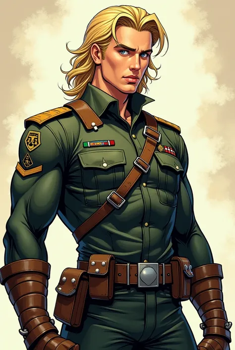 Al stylo from comic book ,  a blond boy with blue eyes,with fair skin and slightly long hair, strong in military clothing  