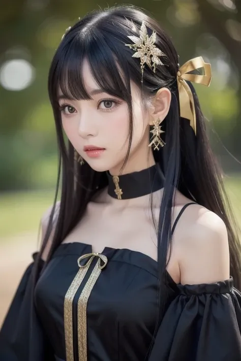  best quality , ( photorealistic:1.2),  1 girl, Alone,  detailed color,  focus on face ,  standing,  black hair,( hair ornament :1.35),OL,  ribbon trimming sleeve ,  detachable sleeves , Ribbon trim,  wide sleeve, ( viewers:1.5)  long hair,  ブラックアイズ, bangs...