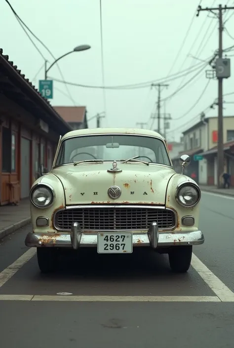 old,car,Classic,(4-door),(1955),((Light color) , simple,Japanese,Town,Rusty, simple,cloudy,4K,station, real pictures,cloudy,駐car場,Signal,
