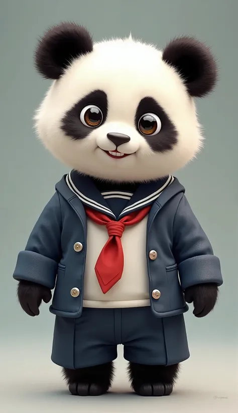 A cute pretty panda cub wearing japan school uniform, standing upright, full bidy, brught face, plastic white doll eyes, high detailed, HD