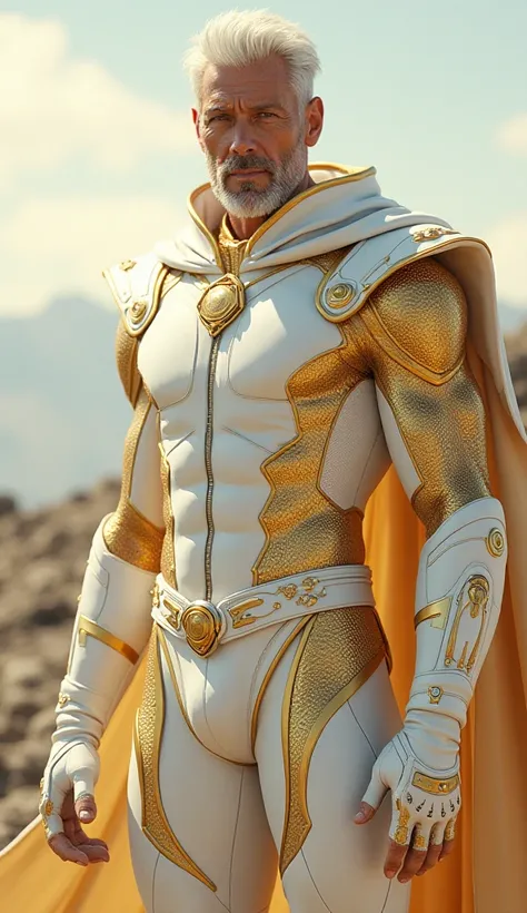 full full body photorealistic handsome hunky fractal masculine  titans  white haired solar mancer wearing white and gold reptile skinned texture leather spandex super suit , with belt and gloves..look at camera, detailed face parts,, Sunshine as background...