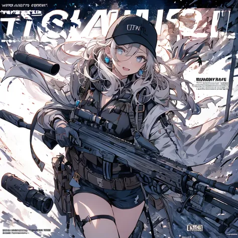 (best quality ), a girl have one rifle with her hand , Platinum color hair , The dreamer wants purplish blue eyes , medium , Lori will do it, (masterpiece:1.2, best quality ), (Beautiful detailed depiction : 1.2), ( beautiful detailed face ), ( small Breas...