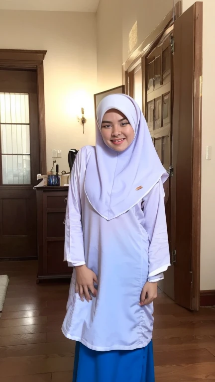 1 teen girl, (very large breasts,full body:1.2), very cute baby face, (white dress), ((wearing hijab)), ((blue skirt)), long sleeve, teenager, looking at the camera, very sexy, elegant, soft cloth, satin fabric, very beautiful girl, very pretty girl, blush...