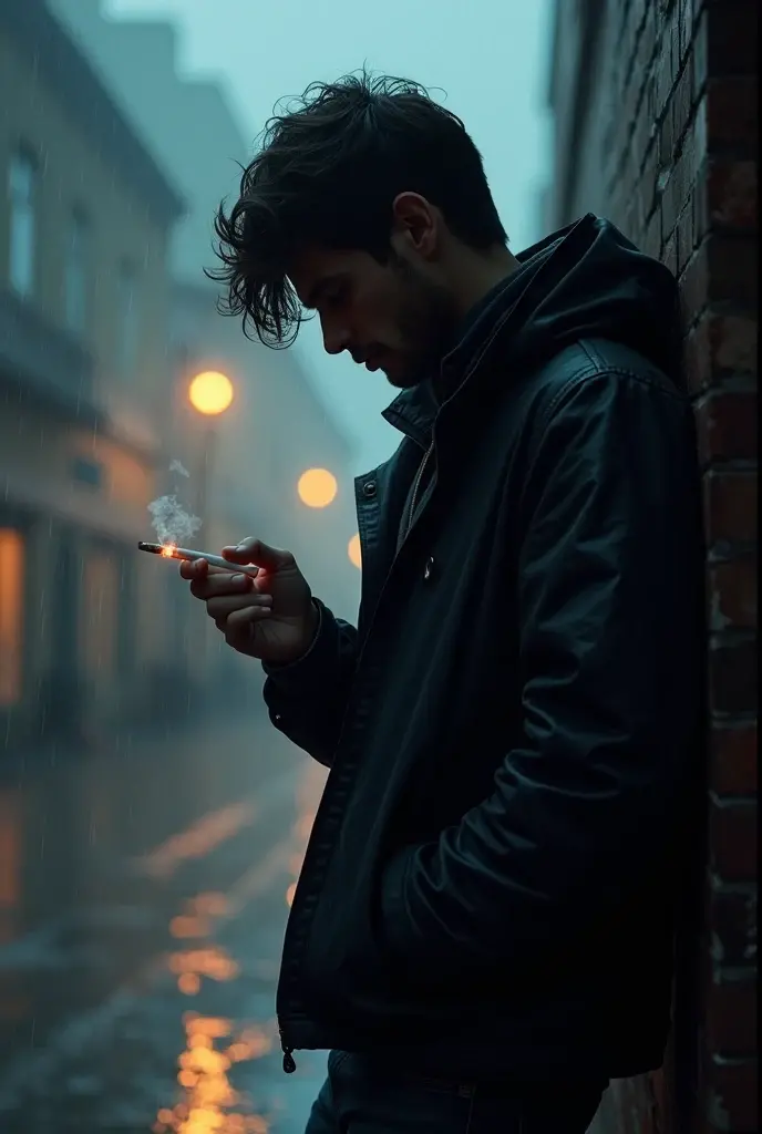 Handsome man light up cigarette in rainy day wearing hoddy jacket sad background alone 
