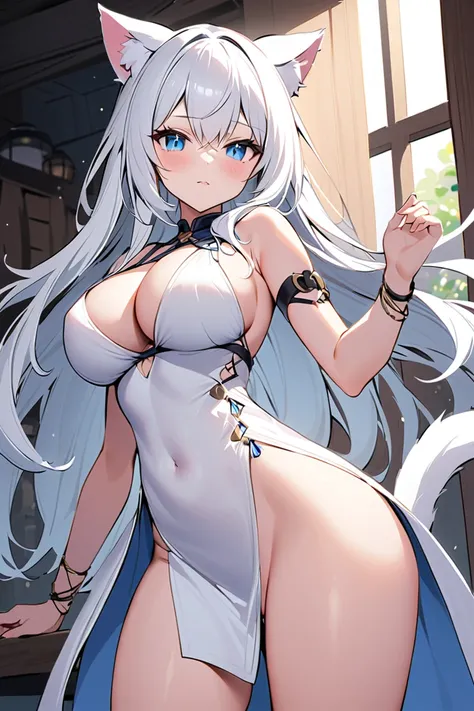 Catgirl, cat ears, white dress with thigh slits, white hair, blue eyes, busty, small waist, white tail, long hair