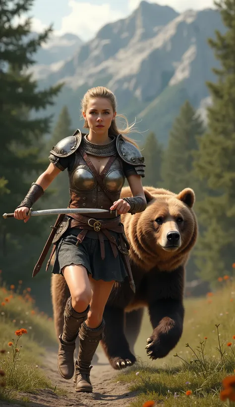 "A beautiful young woman from Slovakia, depicted in ultra-realistic 3D style as a warrior from the 3rd century, sexy, big boobs. She is armed with a traditional sharp weapon, such as a sword, representing ancient Slovakian weaponry. The weapon gleams in th...