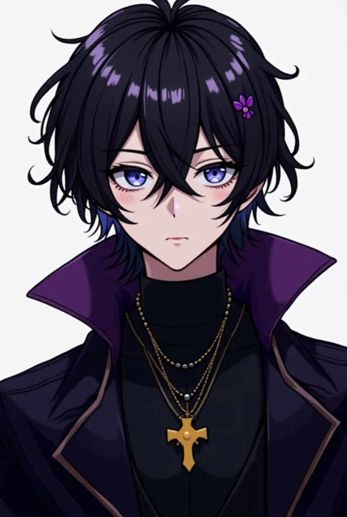  make the image of a character ,  of black hair with some small patches in his hair in the color purple ,  the character has a serious face and with his eyes being crystallized blue,  and a little below he has a black shirt and a plain black overcoat with ...