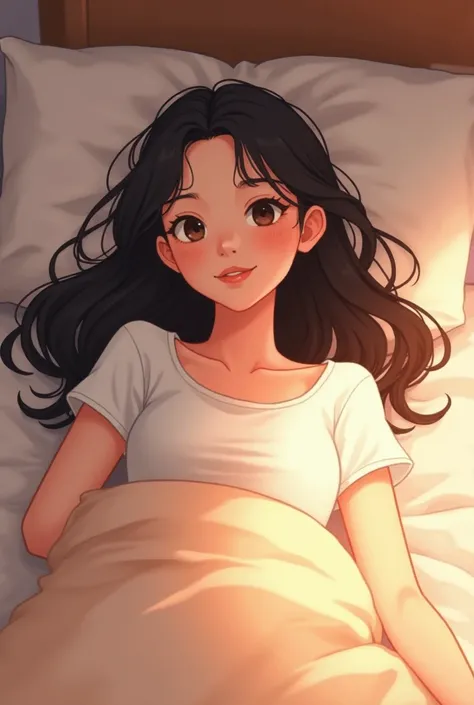 Make a girl's selfie in bed while lying on her back. Just poto the face part up to the chest. wearing a white shirt, cleavage is not teelihat. Hair parted shoulder to shoulder. Animated version 