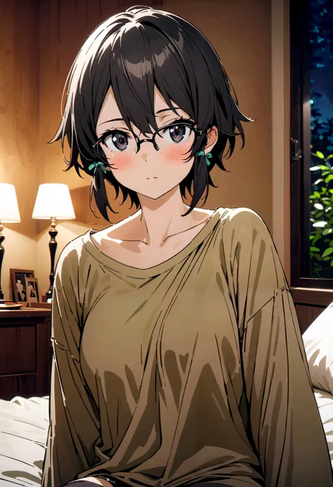 shino asada, 's hair,  short hair ,  Side Lock,Medium breast, black eyes, black hair ,Glasses,  Hair Ribbon ,oversized t-shirt, Long Sleeve,Black string underwear ,blush, beautiful night view with depth,forest, embarrassing, bed during lesbian play,whole b...