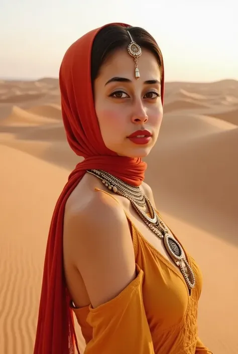 a beautiful Moroccan woman in the desert, long flowing hair, intricate Moroccan jewelry, warm desert light, dramatic sand dunes, cinematic composition, hyper detailed, photorealistic, 8K, highly detailed face, piercing eyes, perfectly rendered skin, flowin...