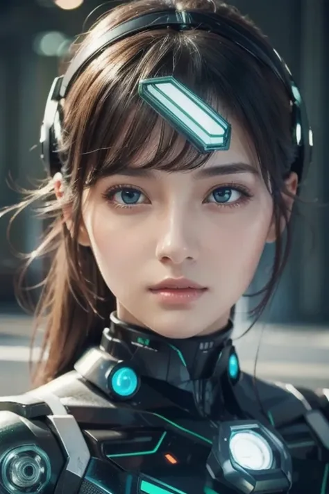  best image quality,  detail,  super high definition, ( realism: 1.4),  best illustration, ,  one very condensed girl ,  DELICATE AND BEAUTIFUL FACE , Beautiful woman wearing a black and green mecha ,  wearing a mecha helmet ,  holding a direction control ...