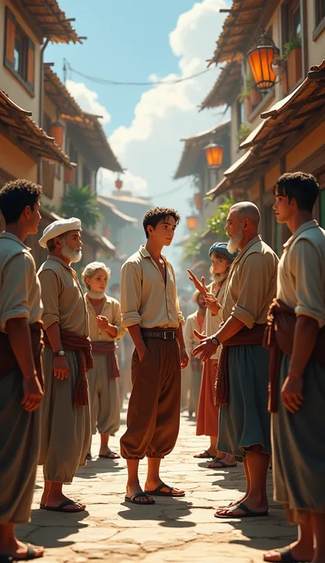 A young men is talking to a group of merchants in the streets of village