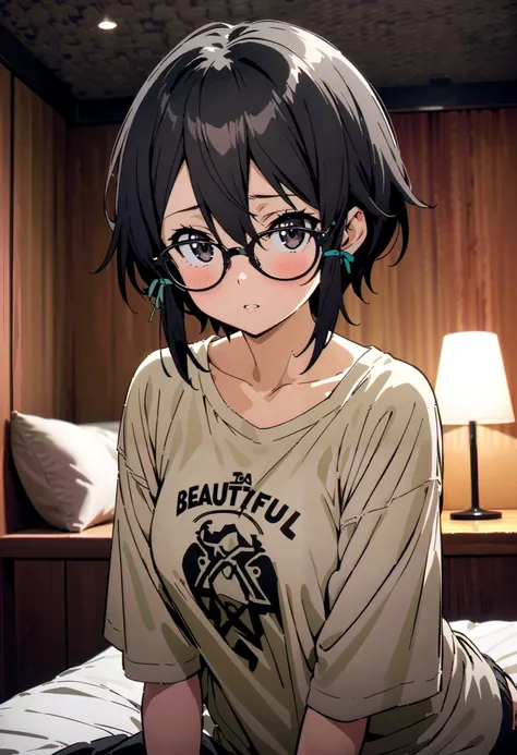 shino asada, 's hair,  short hair ,  Side Lock,Medium breast, black eyes, black hair ,Glasses,  Hair Ribbon ,oversized t-shirt, Long Sleeve,Black string underwear ,blush, beautiful night view with depth,forest, embarrassing, bed during lesbian play,whole b...