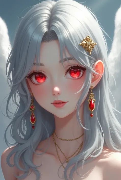  Silver Hair　 red eyes　woman　　An angelic smile　noble　gold and red earrings