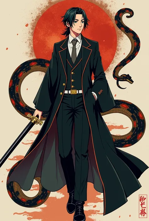 anime character with a sword and a suit and a snake, handsome guy in demon slayer art, dapper dream demon, ((wearing aristocrat robe)), inspired by Okumura Masanobu, handsome japanese demon boy, fine details. anime. tentacles, delicate androgynous prince, ...