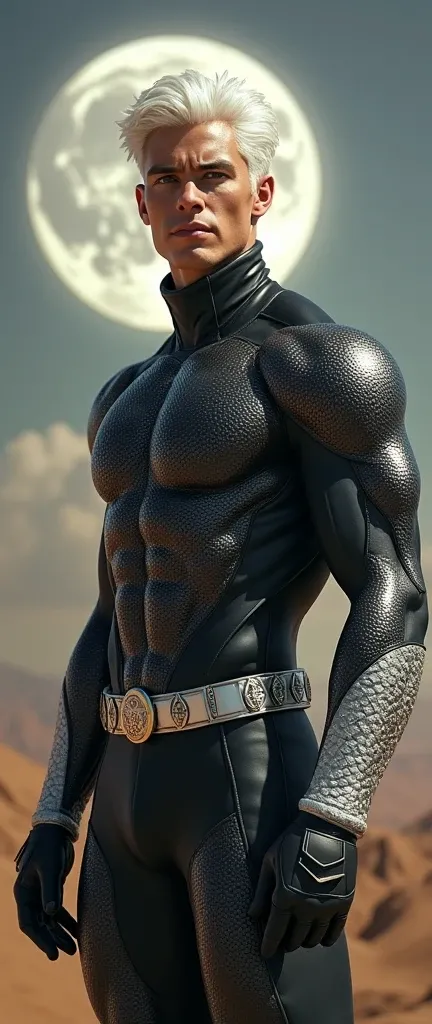 fulll body head to toe photorealistic handsome hunky fractal masculine  titans young white haired luna mancer wearing black and silver reptile skinned texture leather spandex super suit , with belt and gloves..look at camera, detailed face parts,, moonshin...