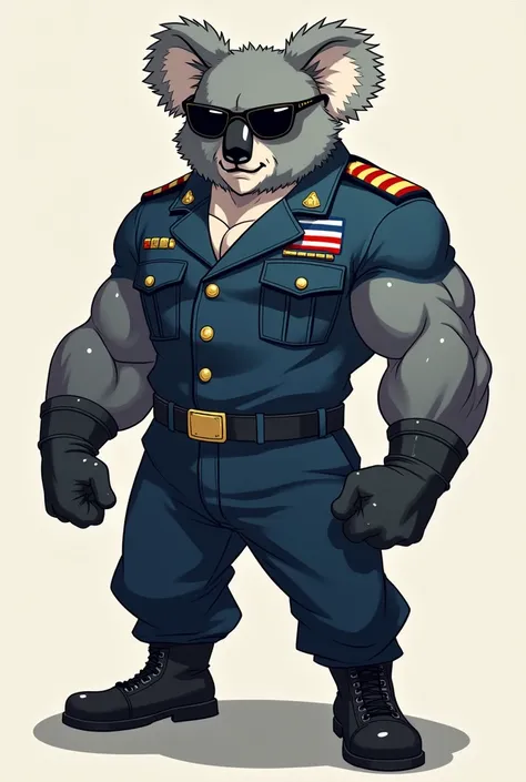 Anime style Keola buff Koala bear with aviator sunglasses and Snear. Wearing navy blue uniform and black combat boots.