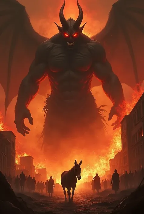 There is a devil whose eyes are red and he has set fire to a city of buildings and his height is bigger than a donkey and people are running away in fear when they see him.