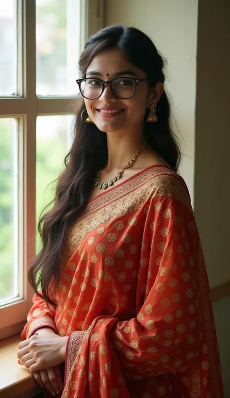 One smart girls full in Indian traditional clothes stand with window hair still unique with glasses dimple as a Indian actress Gayatri Bhardwaj 