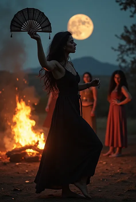 A black-haired gypsy woman dancing with a fan in her hand around a bonfire under a full moon with other gypsies in the background