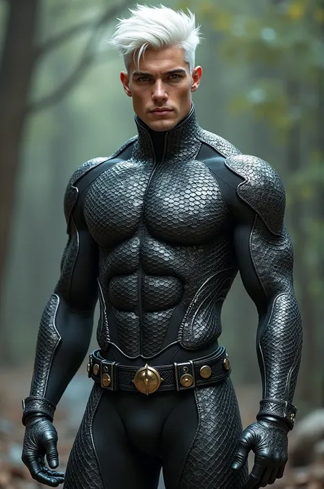 fulll body head to toe photorealistic handsome hunky fractal masculine  titans young white haired luna mancer wearing black and silver reptile skinned texture leather spandex super suit , with belt and gloves..look at camera, detailed face parts,, moonshin...