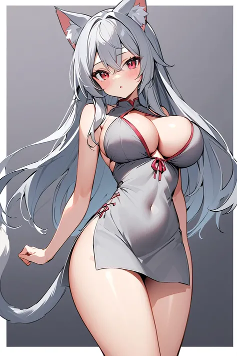 Catgirl, cat ears, gray dress with thigh slits, gray hair, red eyes, busty, small waist, gray tail, long hair