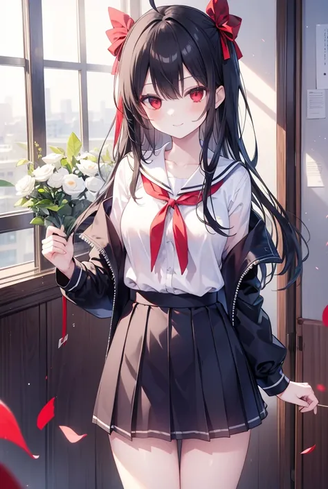 masterpiece, best quality, highres, absurdres, yukinoshita_yukino, 1girl, ahoge, black hair, red eyes, red ribbon, school uniform, sobu high school uniform ,smile