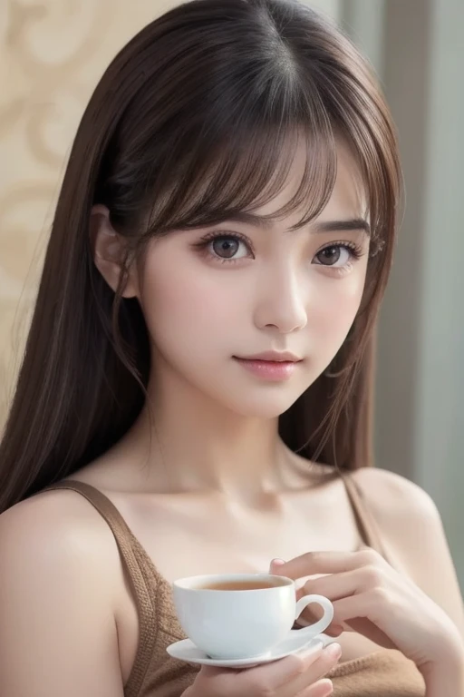  best quality , work, ( realistic: 1,2),  1 girl,  tea hair,  brown eyes, Front ,  detailed color,  beautiful eyes