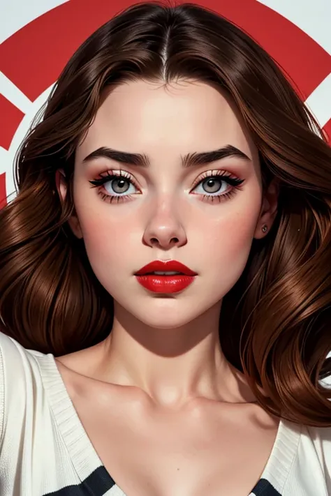 A portrait of a beautiful female whose facial features are a combo of Grace Phipps + Katherine Langford + Conor Leslie. The female's hair is untied and hangs loose. The female has lovely makeup on her face. The female wears red lipstick. Symmetrical eyes. ...