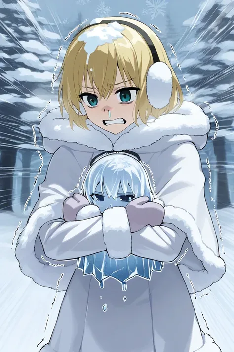 girl shivering in the cold, desperate expression, frozen lashes, frozen hair, snow on head, freezing cold, blonde hair, earmuffs, mittens, wearing layers of thick fur-trimmed snow country clothes, fur-trimmed cape, fur-trimmed capelet, fur-trimmed dress, h...