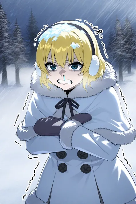 girl shivering in the cold, desperate expression, frozen lashes, frozen hair, snow on head, freezing cold, blonde hair, earmuffs, mittens, wearing layers of thick fur-trimmed snow country clothes, fur-trimmed cape, fur-trimmed capelet, fur-trimmed dress, h...