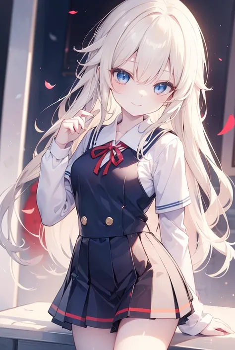 masterpiece, best quality, highres, absurdres, yukinoshita_yukino, 1girl, ahoge, White blonde hair, blue eyes, red ribbon, school uniform, sobu high school uniform ,smile, pale white skin 