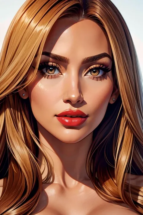 A portrait of a beautiful female whose facial features are a combo of Kim Kardashian + Jennifer Lopez. The female's hair is untied and hangs loose. The female has lovely makeup on her face. The female wears red lipstick. Symmetrical eyes. Symmetrical face....