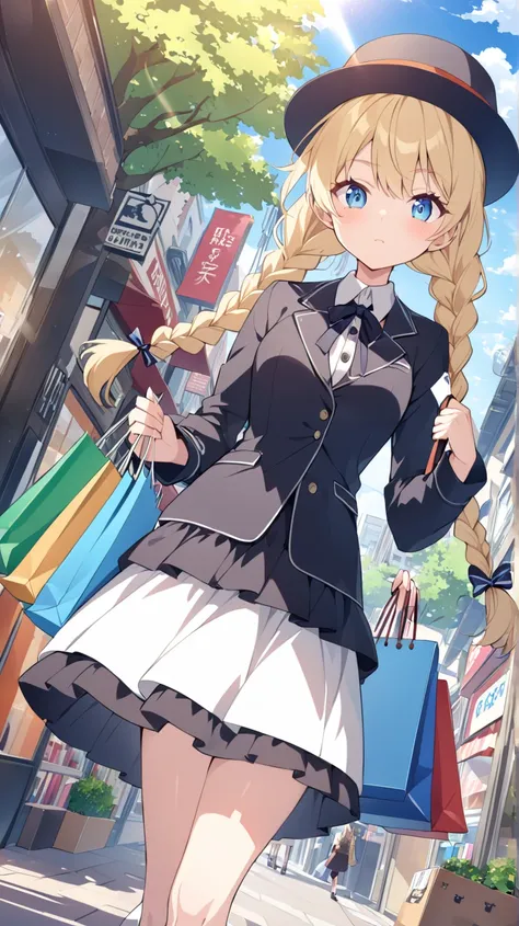 Clear skies、street tree、 shopping、Fashionable clothing store、 1 girl in the best, blue eyes, Blonde、 braids、Lots of shopping bags 、 flare skirt 、hat、 anime style、 Dutch angle, ribbon, 