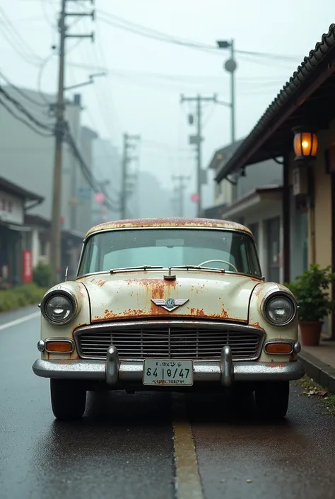 old,car,Classic,(4-door),(1955),((Light color) , simple,Japanese,Town,Rusty, simple,cloudy,4K,station, real pictures,cloudy,駐car場,Signal,
