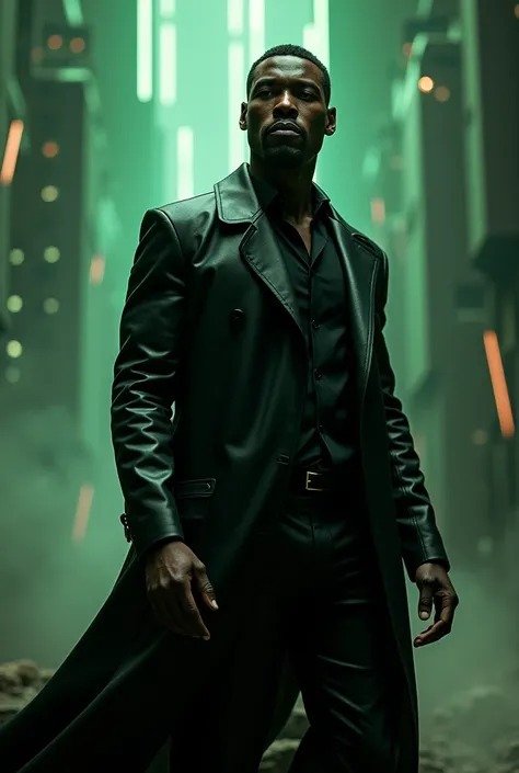 Create a high resolution image of a African man neo matrix wearing trench coat