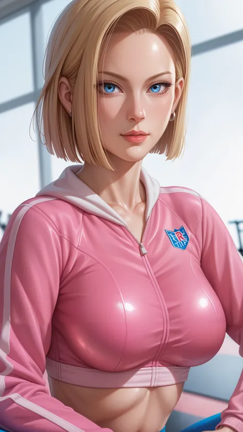 score_9,score_8_up,score_7_up,high res image,masterpiece,best quality,realistic,mature female,android 18,(fair_skin:1.3),shiny_skin,glamor,zzAndroid18,blue eyes,light_eyes,blonde hair,short hair,rectangular eye,(;d:1.2),(pink sportswear:1.3),(pink sports l...