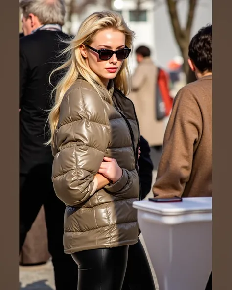 8K, ultraréaliste, magnifique blonde ultra chic et sophistiquée, 19 ans, Corps en forme et super sportive,  look de Dominatrice fétichiste,  Elle porte une doudoune dorée ultra brillante et ajustée, elle porte des leggings en vinyl ultra serrés sur ses lon...