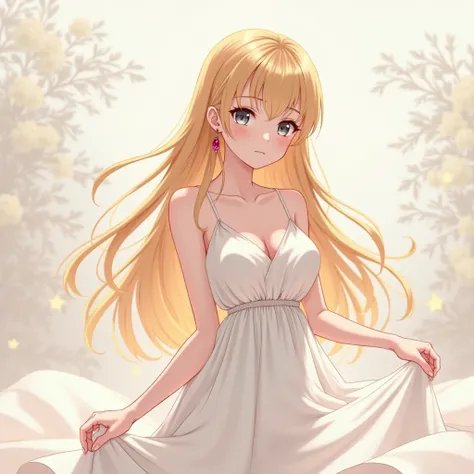 An anime girl, breasts,  long hair,  white dress , ruby earring,  blond hair , gray eyes, pretty and sweet 