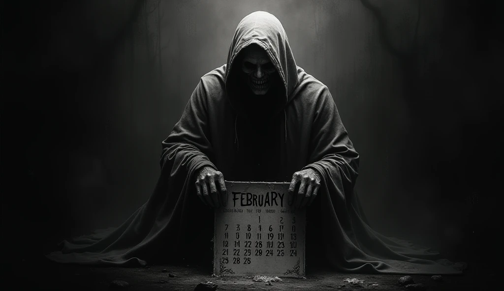 Dark terrifying calendar in black and white February 