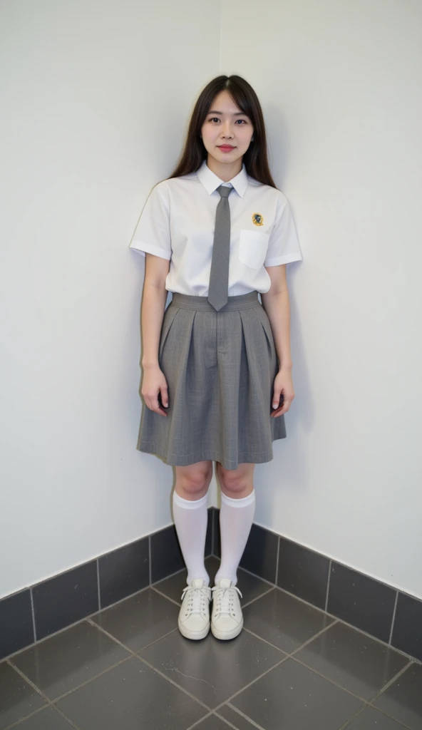 woman, wearing a light white collared shirt, grey skirt, and knee-high white socks with white sneakers. The shirt has a gray tie and a small emblem on the upper left chest area, slightly visible. She stands in a casual, slightly posed stance, with confiden...