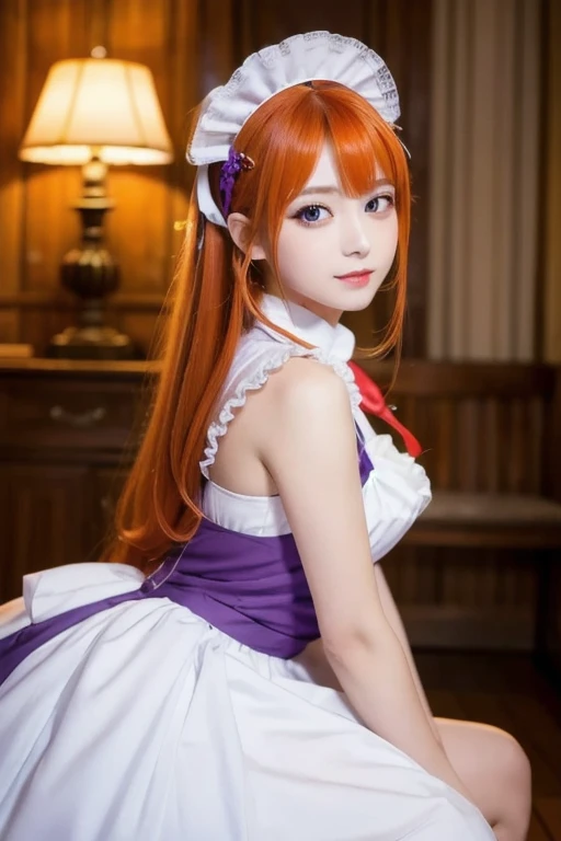 Masterpiece,  best quality ,  1 girl,  purple eyes,  orange hair,Maid headdress, Maid,