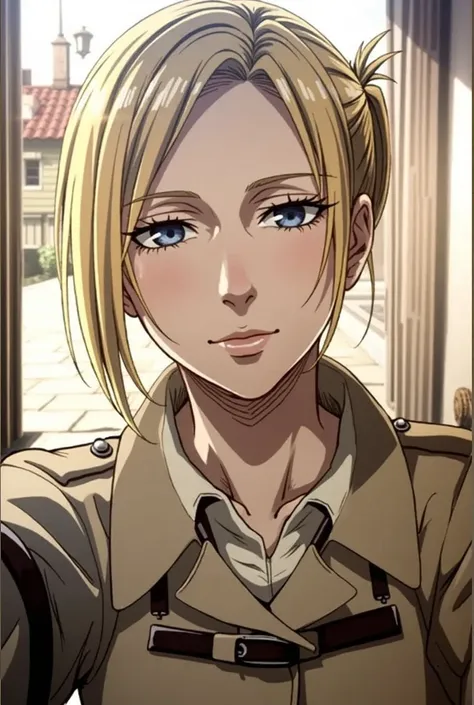 Annie Leonhart from Attack on titan. She looks at you coldly. She stands leaning against a wall with her arms crossed.
