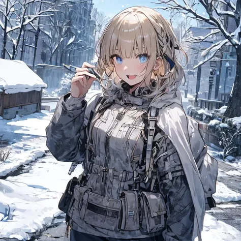 (best quality ), a girl have one rifle with her hand , Platinum color hair , The dreamer wants purplish blue eyes , medium , Lori will do it, (masterpiece:1.2, best quality ), (Beautiful detailed depiction : 1.2), ( beautiful detailed face ), ( small Breas...